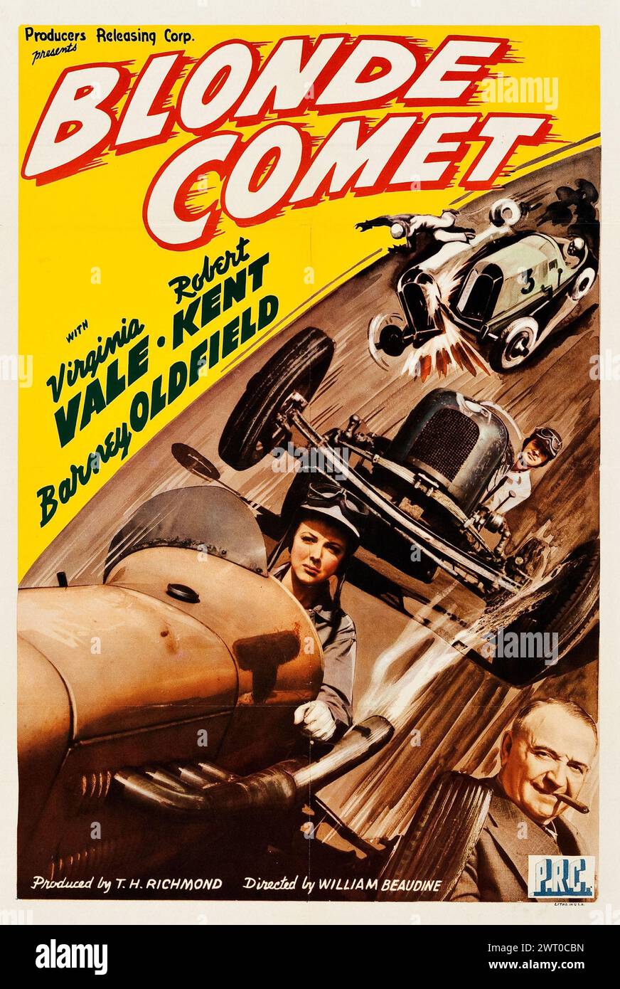 Oldtimer-Filmposter für den Film der blonde Komet aus dem Jahr 1941 – Virginia Vale, Robert Kent – Oldtimer-Rennwagen Stockfoto