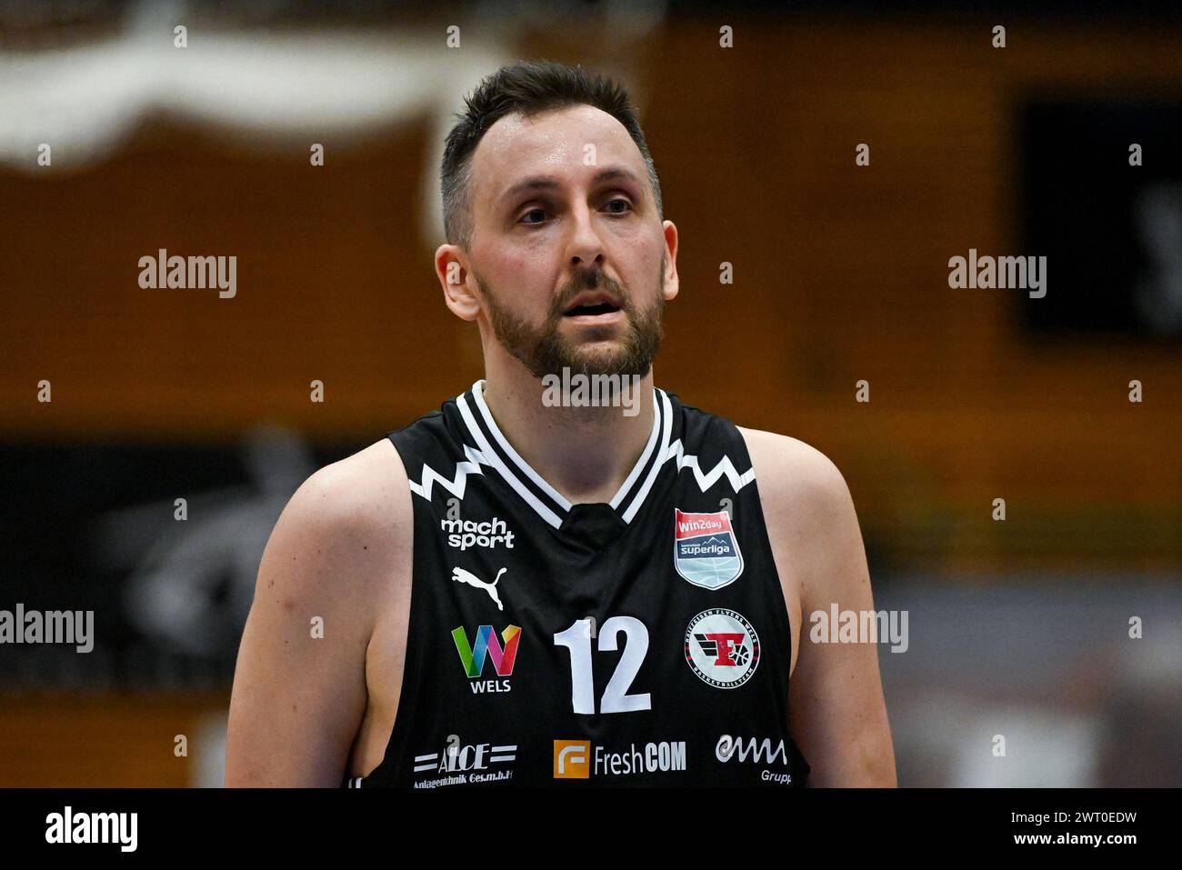 10.03.2024, Raiffeisen Sportpark Gmunden, AUT, BSL, Gmunden Swans vs Flyers Wels, im Bild Arvydas Gydra (Flyers) .// BSL, Basketball Super League Spiel zwischen Gmunden Swans und Flyers Wels in Gmunden, Österreich am 2024/03/10 - 20240310 PD9813 Stockfoto