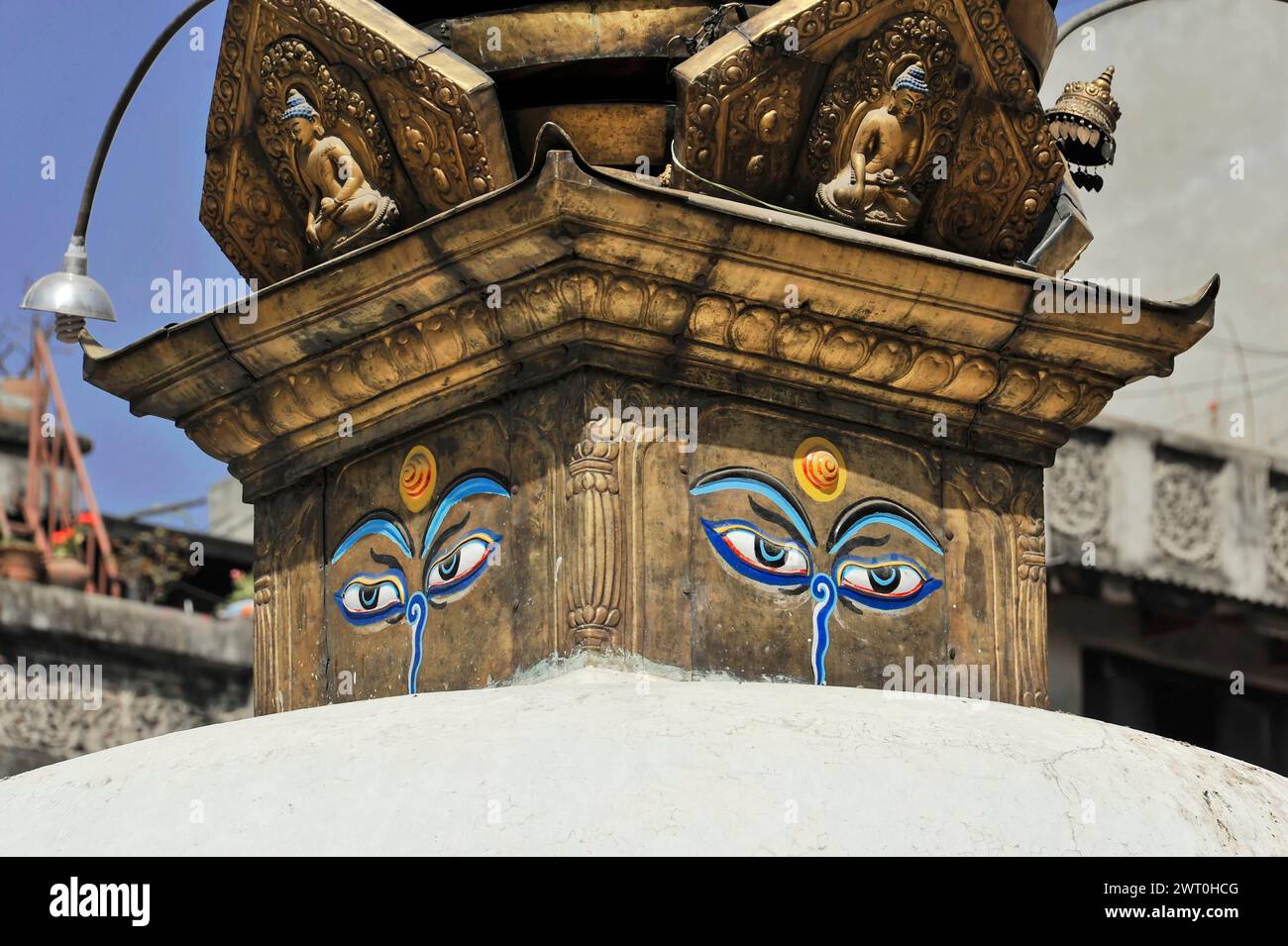 Symbolische Augen Buddhas in einem Tempel in Nepal, Kathmandu Valley, Nepal Stockfoto