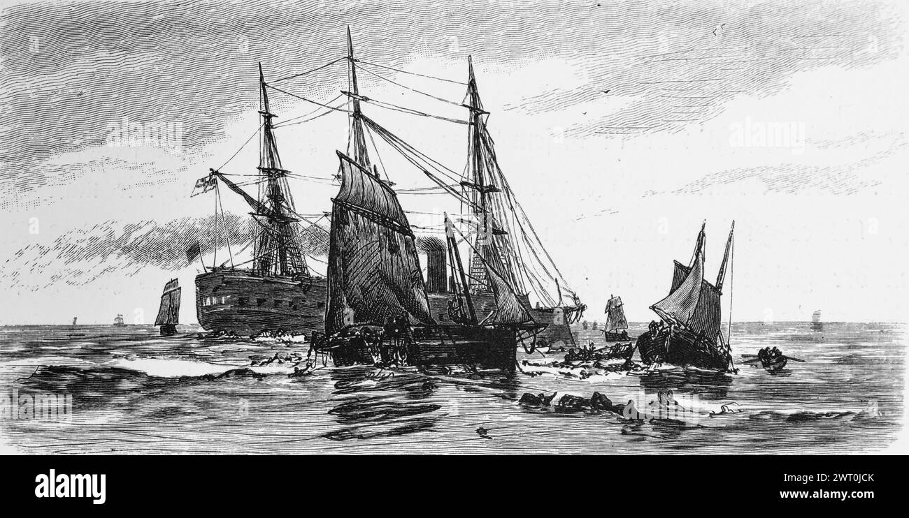 Untergang der gepanzerten Fregatte große Kurfuerst im Ärmelkanal, Dreimaster, deutsche Fregatte, Katastrophe, Kriegsschiff, imperiale Marine, Rettung Stockfoto