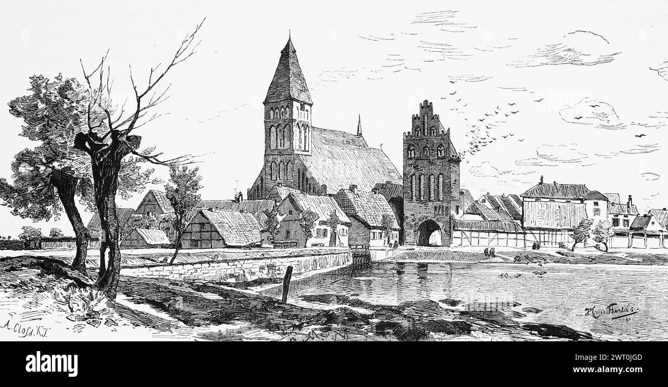 Grimmen an der Trebel, Mecklenburg-Vorpommern, Deutschland, Stadtbild, Stadttor, Kirche, Fachwerkhäuser, historische Illustration 1880 Stockfoto