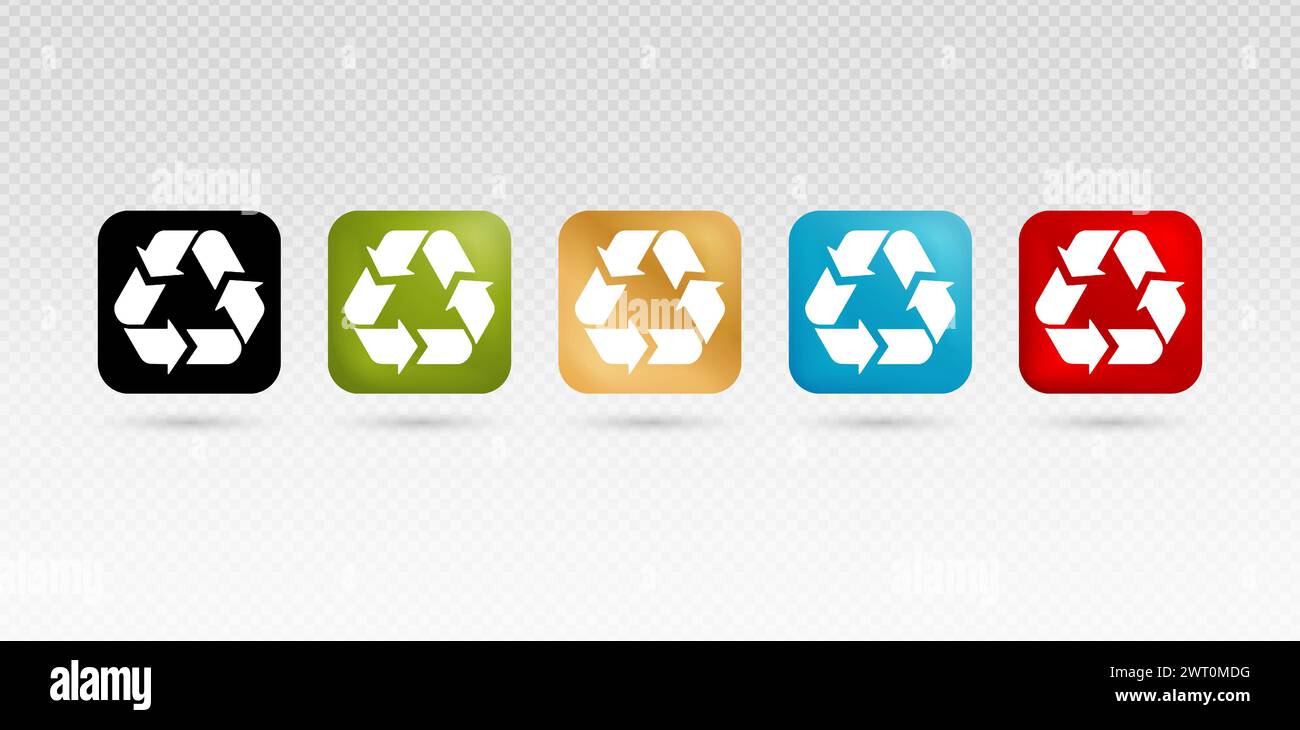Abbildung von Recycling-Symbolen Rechtecke abgerundete Ecke fünf Modelle mit isoliertem Hintergrund oder Ausschnitt für Verpackungen Etikettenhersteller Stock Vektor