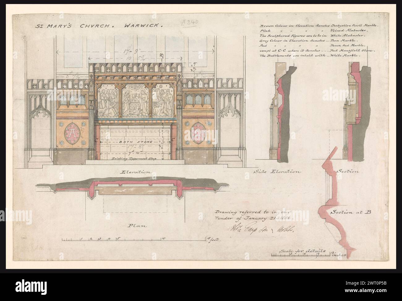 Warwick, St. Marienkirche: Reredos, 1883-1886. Butterfield, William 1883-1886 Eine weitgehend repräsentative Auswahl von Zeichnungen für den Bau und die Herstellung von Entwürfen, die die verschiedenen Arten von Aufträgen darstellen, die Butterfield erhielt und seine Arbeit zur Förderung des Gothic Revival illustrieren. Ebenfalls enthalten sind Schätzungen sowie Aufzeichnungen (gemessene Zeichnungen) von Gebäuden, die nicht von Butterfield entworfen wurden. William Butterfield (1814–1900) war ein britischer Architekt, der für seinen gotischen Revival-Stil bekannt war. Er studierte bei E. L. Blackburne und gründete 1840 eine eigene Praxis. Ein Mitglied der CA Stockfoto
