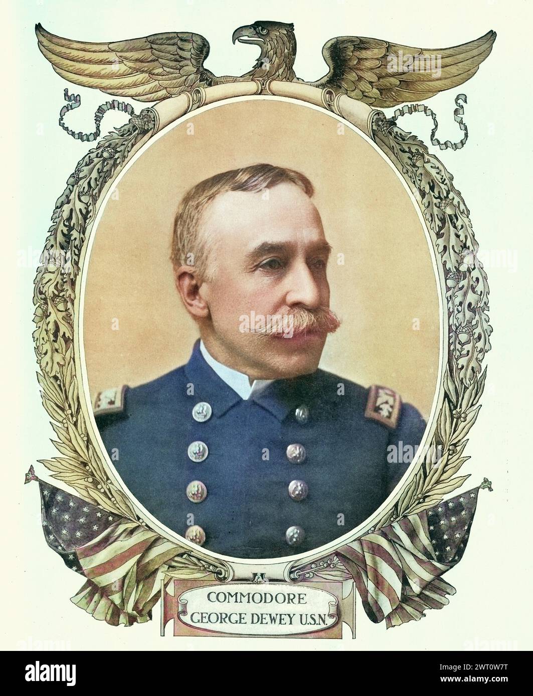 Vintage-Illustration George Dewey, Admiral der Marine, bekannt für seinen Sieg in der Schlacht von Manila Bay während des Spanisch-Amerikanischen Krieges, viktorianisch, 19. Jahrhundert. Stockfoto