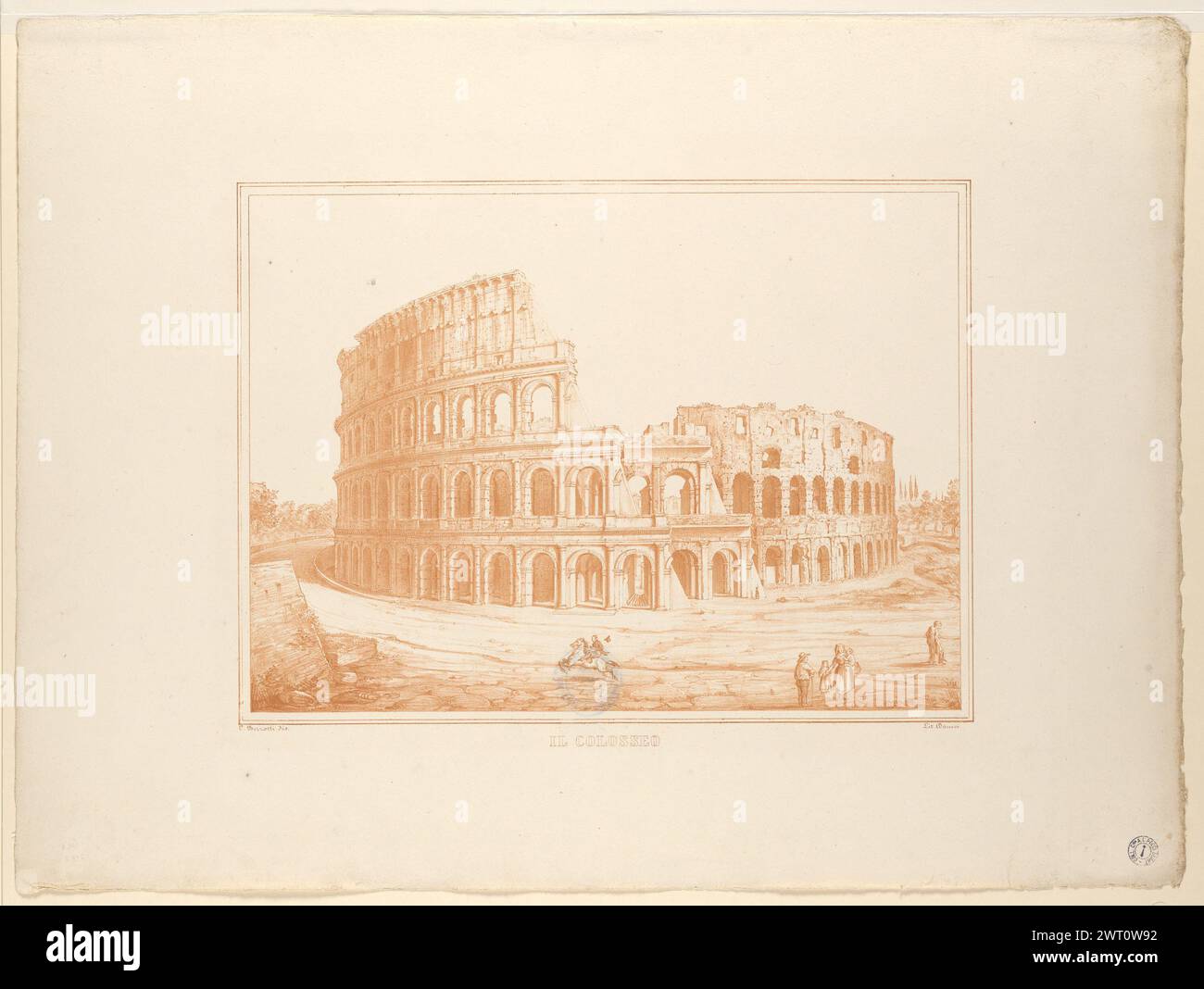 IL Colosseo aus Sicht von Rom, ca. 1850. Danesi. [Ca. 1850] die fünf Drucke der Litografia Danesi illustrieren Denkmäler in Rom: Den Titusbogen, die Trajanssäule, das Kolosseum, die Piazza del Popolo und den Tempel der Vesta im Forum Romanum. Anna Laetitia Pecci-Blunt sammelte Drucke, veröffentlichte Werke, Zeichnungen und Gemälde, die thematisch auf die Stadt Rom ausgerichtet waren. Ihre Sammlung umfasste Ansichten, Pläne, Karten von Rom und Darstellungen der Einwohner der Stadt in Volkstracht. Als die intensive städtische Entwicklung unter Mussolini Rom in den 1930er Jahren veränderte, war das Interesse an der Stadt Stockfoto