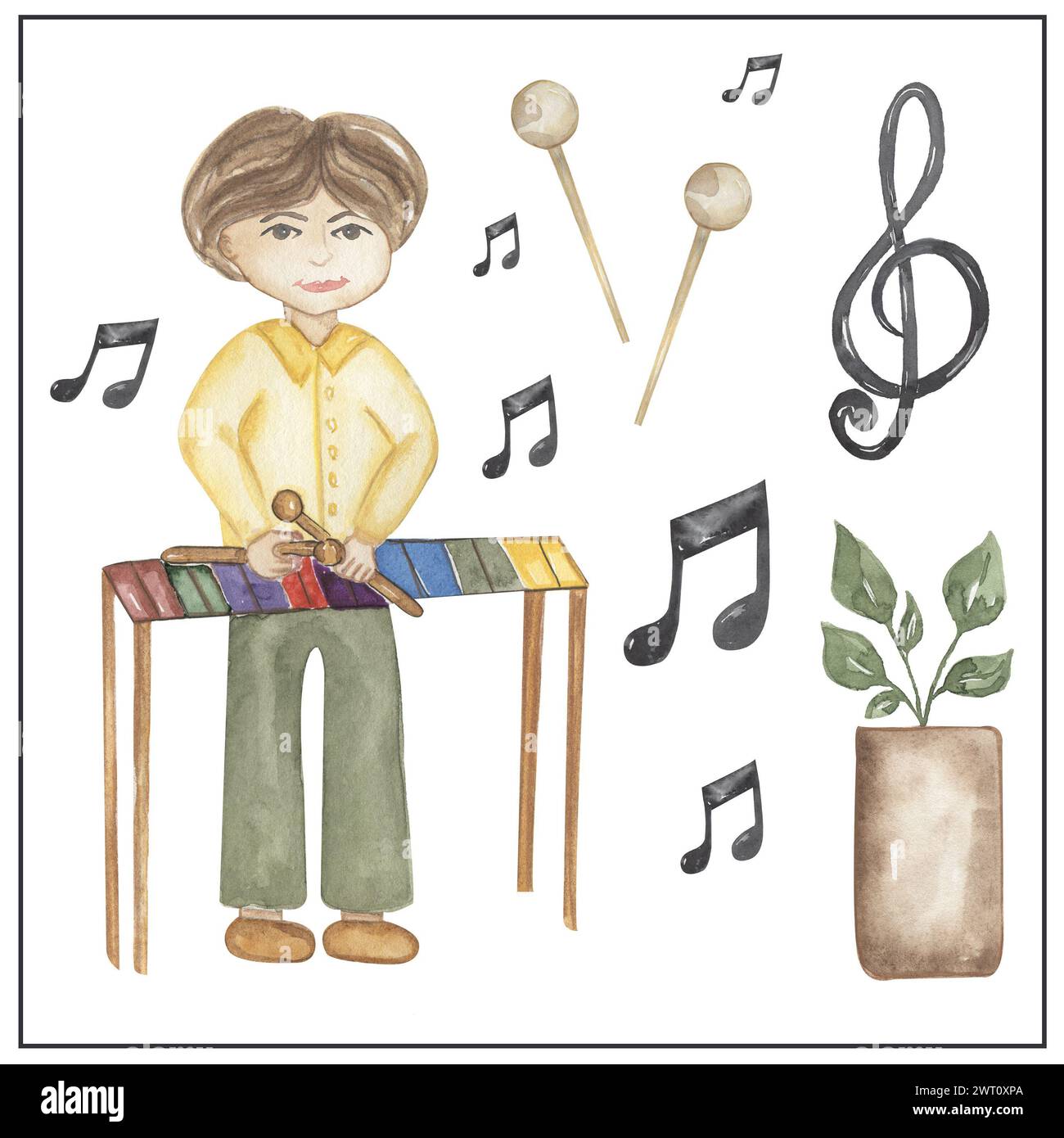 Clipart für Xylophon-Player mit Wasserfarben, handgezeichnete Illustration. Musiker, der arbeitet, Kinder Schulkarten ClipArt, lehrreiche, süße Kindergrafiken mit PR Stockfoto