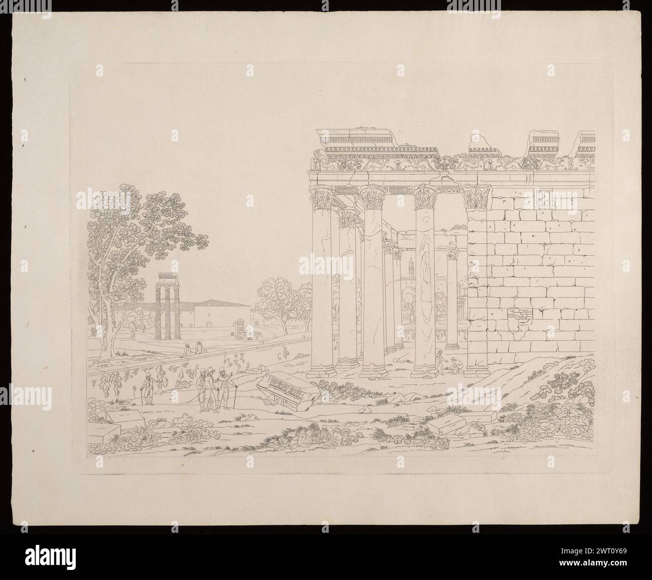 Tempel des Antoninus und Faustina aus Antichità di Roma recentemente scavate fino all'antico Piano, 1817. 1817 die Suite zeigt antike Stätten und Denkmäler, die kürzlich in Rom ausgegraben wurden und von Simone Pomardi gezeichnet wurden, der sorgfältig architektonische Dekorationen und Inschriften auf den Ruinen gemacht hat. Einzelne Ausdrucke in der Serie haben keinen Titel. Impressum: Rom. Wasserzeichen: C. & I. Honig (Titelseite). Anna Laetitia Pecci-Blunt sammelte Drucke, veröffentlichte Werke, Zeichnungen und Gemälde, die thematisch auf die Stadt Rom ausgerichtet waren. Ihre Sammlung umfasste Ansichten, Pläne, Karten von Rom und Darstellungen der inh Stockfoto