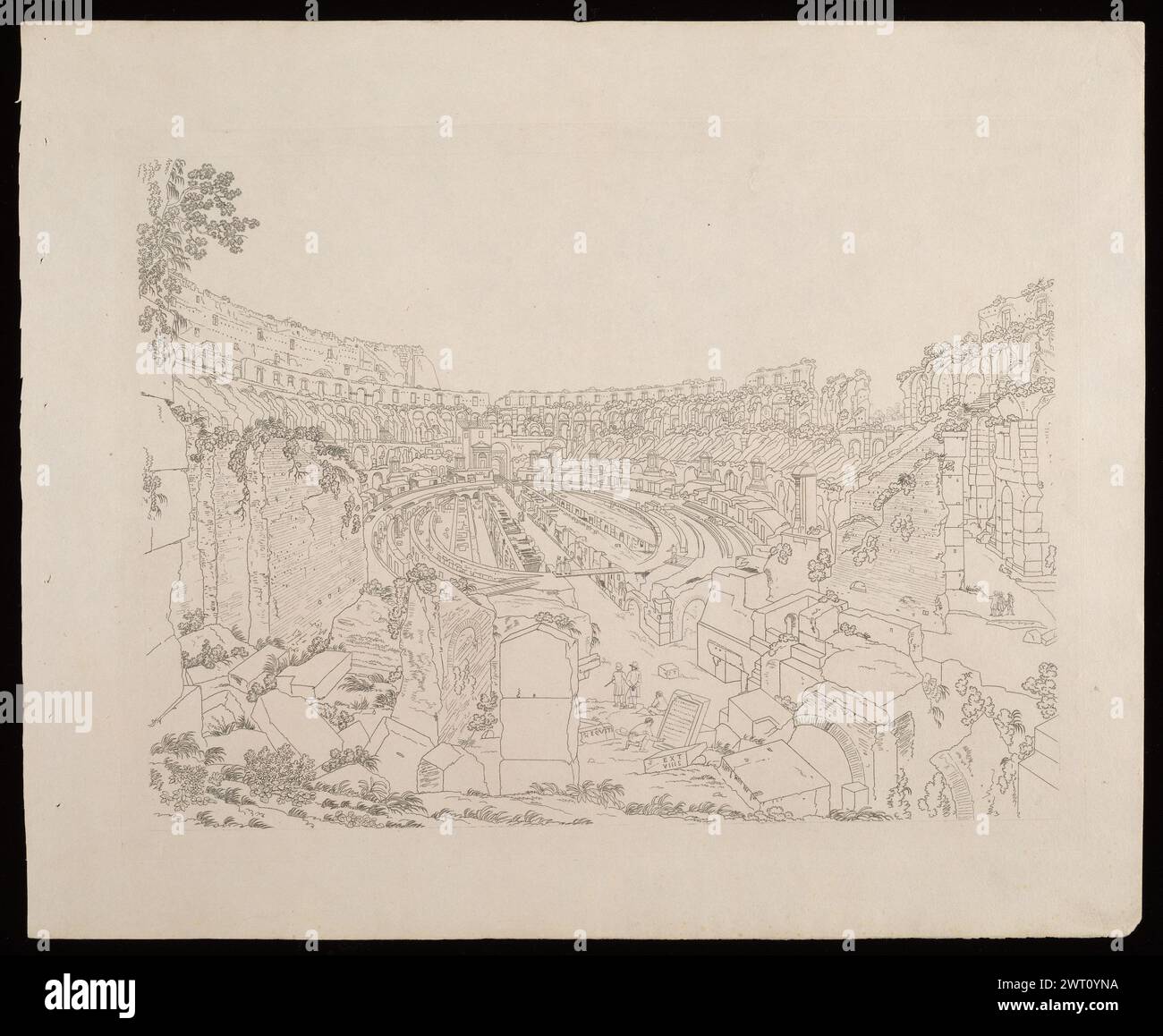 Colosseum (innen) aus Antichità di Roma recentemente scavate fino All'antico Piano, 1817. 1817 die Suite zeigt antike Stätten und Denkmäler, die kürzlich in Rom ausgegraben wurden und von Simone Pomardi gezeichnet wurden, der sorgfältig architektonische Dekorationen und Inschriften auf den Ruinen gemacht hat. Einzelne Ausdrucke in der Serie haben keinen Titel. Impressum: Rom. Wasserzeichen: C. & I. Honig (Titelseite). Anna Laetitia Pecci-Blunt sammelte Drucke, veröffentlichte Werke, Zeichnungen und Gemälde, die thematisch auf die Stadt Rom ausgerichtet waren. Ihre Sammlung umfasste Ansichten, Pläne, Karten von Rom und Darstellungen der Einwohner von Stockfoto
