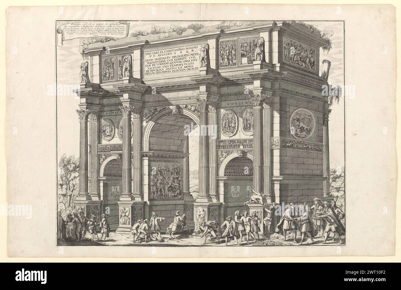 Facciata dell'arco antico di Costantino che risguarda l'Anfiteatro di Flavio detto il Colosseo, 1692. Girelli, Pietro Paolo, aktiv 1690, Druckerei. 1692 Konstantinsbogen der Druck nach einer Zeichnung von Giuseppe Tiburzio Vergelli, der Inschrift zufolge, zeigt den Konstantinsbogen mit einer Reihe von Figuren im Vordergrund und detaillierten Darstellungen der Skulptur und Basreliefs. Mit dem Sammlerzeichen von Alessandro Castagnari auf der Rückseite (Initialen „A.C.“ mit dem kapitolinischen Wolf von Rom, Lugt 86a). Impressum: Rom, Matteo Gregorio Rossi, Piazza Navona. Anna Laetitia Stockfoto