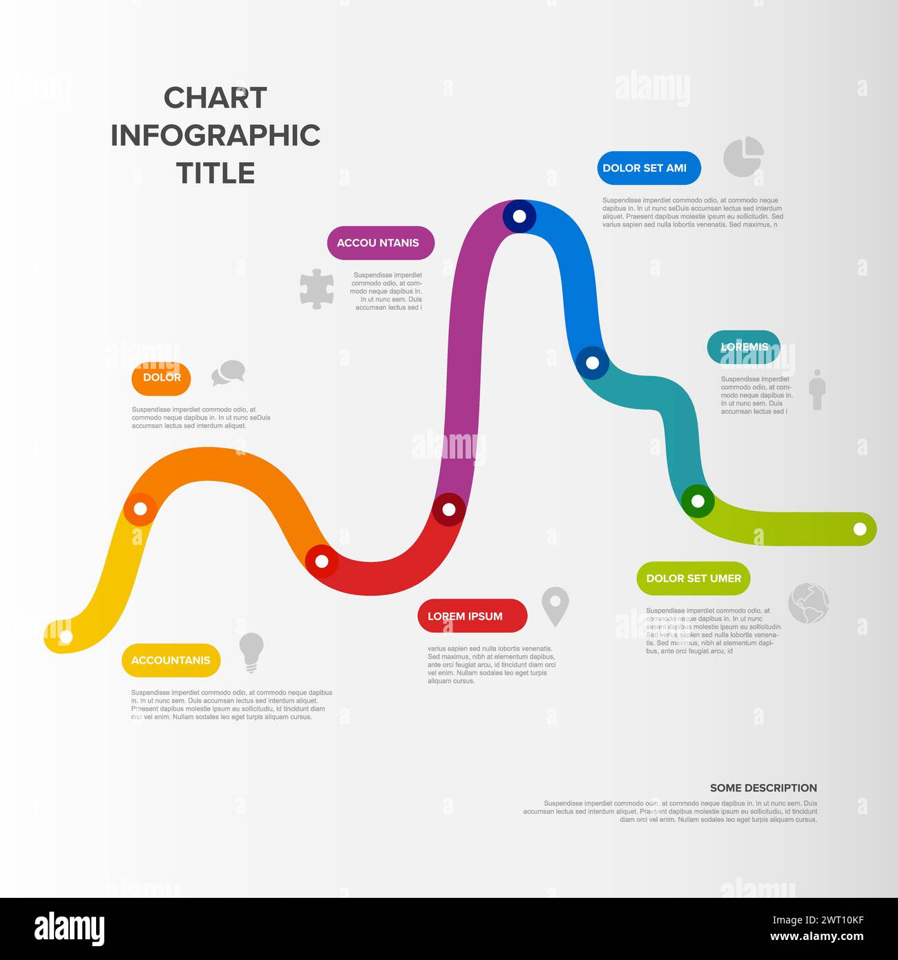 Einfache Zeitachsenvorlage für Diagramme aus dicken Liniensegmenten in Regenbogenfarben. Mehrzweck-Infochart-Vorlage, in der die wichtigsten Meilensteine oder wichtigen Hirsche angezeigt werden Stock Vektor