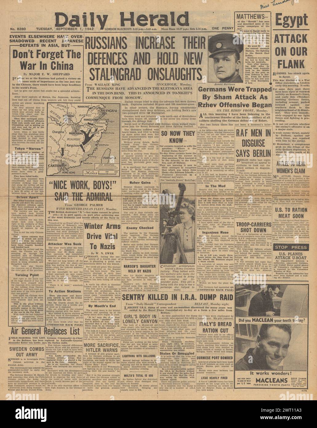1942 Daily Herald berichtet über die Schlacht um Stalingrad und Nordafrika-Kampagne Stockfoto