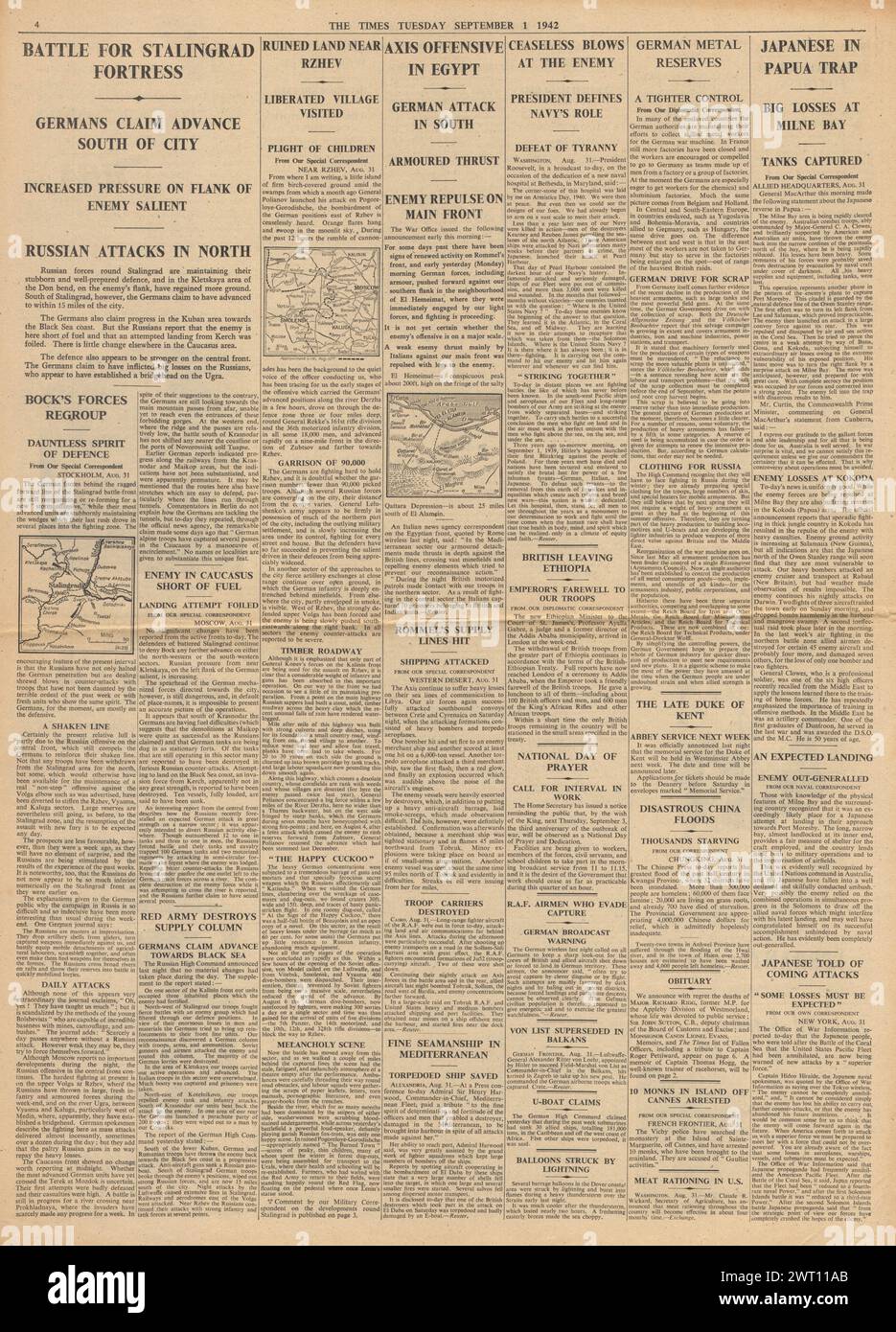 1942 berichtete die Times über die Schlacht von Stalingrad und Nordafrika Stockfoto