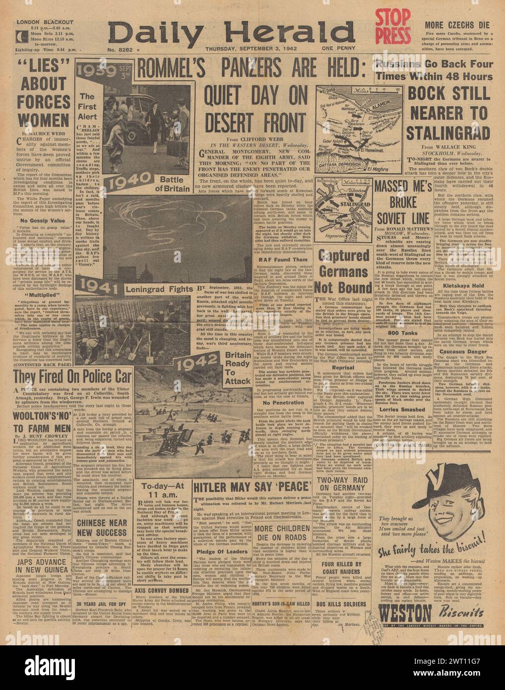 1942 Daily Herald berichtet über die Schlacht um Stalingrad und Nordafrika-Kampagne Stockfoto