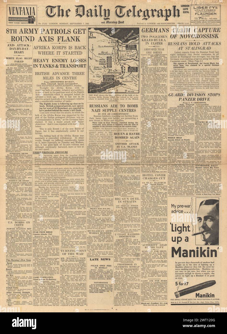 1942 die Titelseite des Daily Telegraph berichtet von Nordafrika, der Schlacht von Stalingrad und der Eroberung Noworossijsk durch die Deutschen Stockfoto