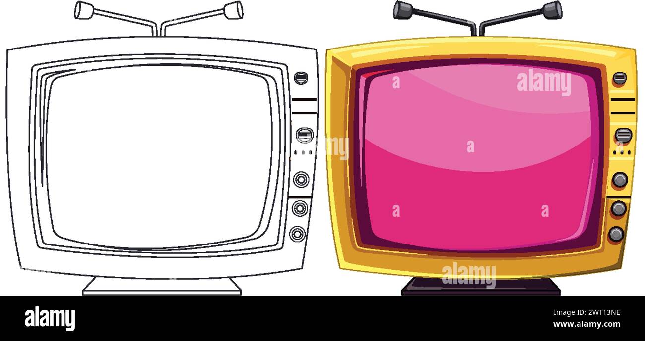 Zwei Vintage-Fernseher mit farbenfrohen Bildschirmen und Antennen Stock Vektor