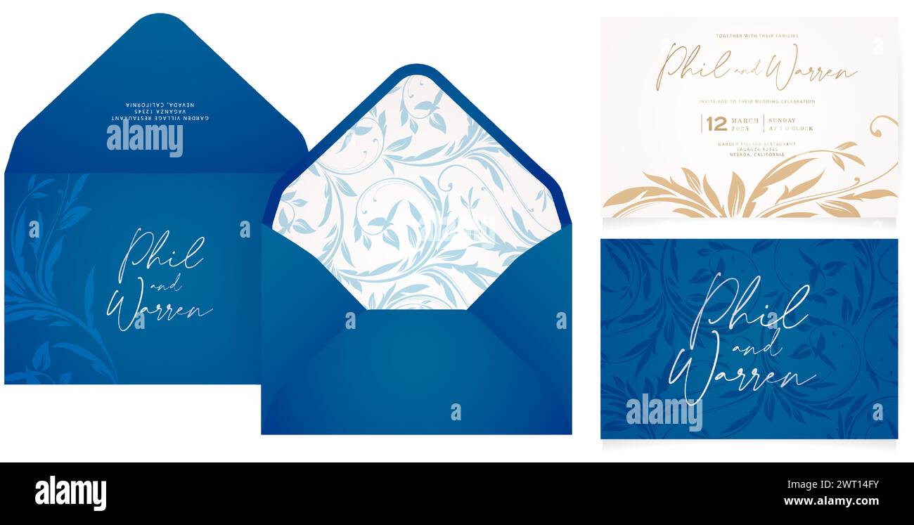 Verzierte Blumendekoration Umschlag Set Hochzeit Einladung Karte Vorlage für Grußkarten Vorlage, Schreibwaren, Layout, Collage, Szene Designs Stock Vektor