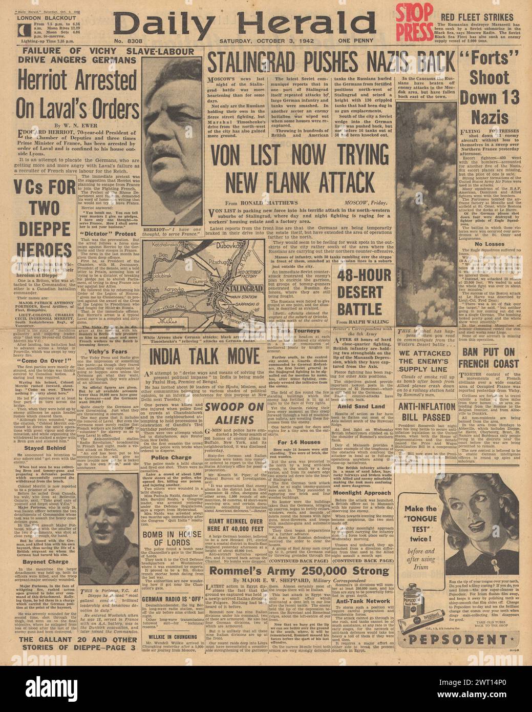 1942 Daily Herald berichtet über die Schlacht von Stalingrad und den Angriff der britischen Armee in Nordafrika Stockfoto