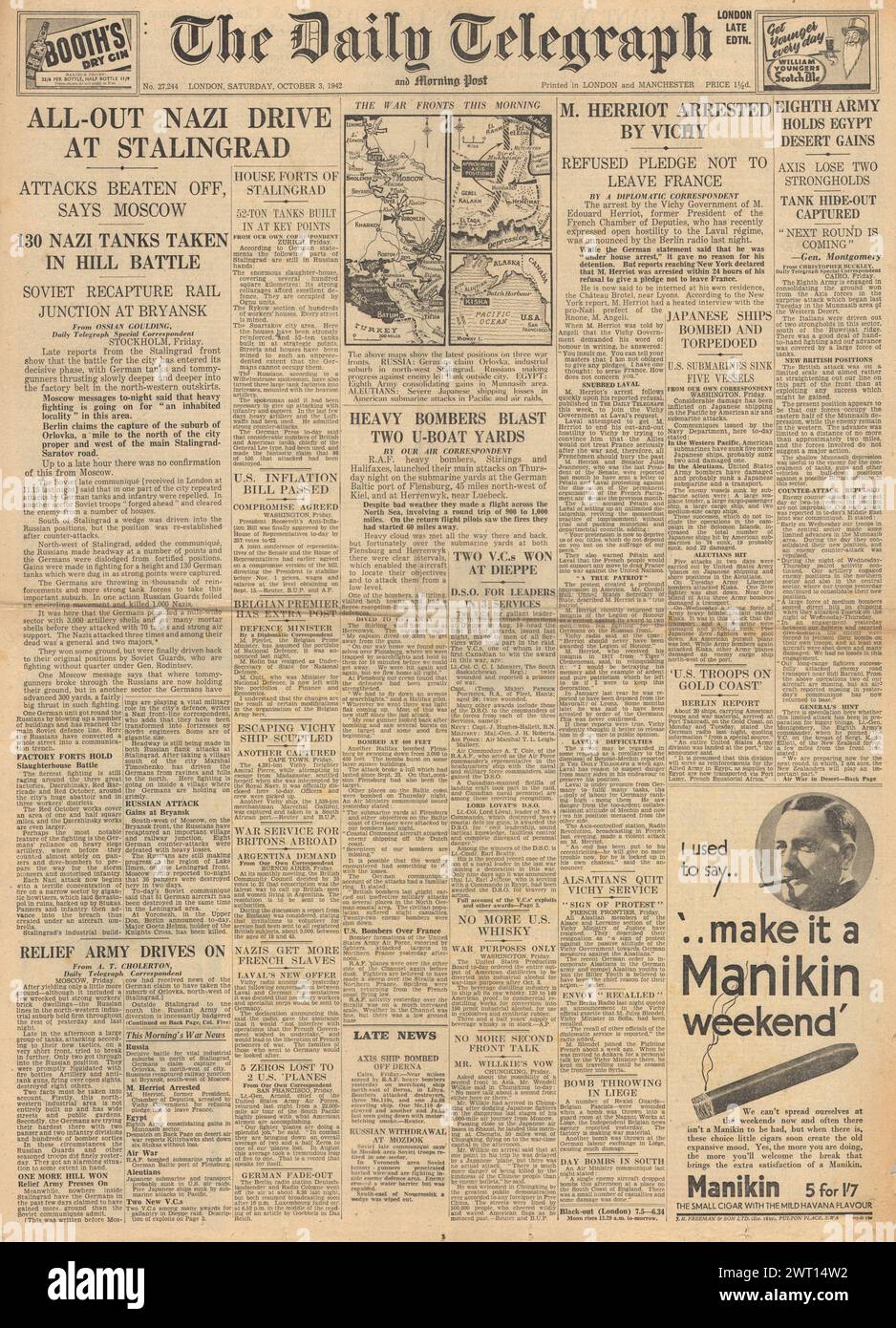 1942 die Titelseite des Daily Telegraph berichtet über die Schlacht von Stalingrad und Edouard Herriot in Vichy Frankreich Stockfoto