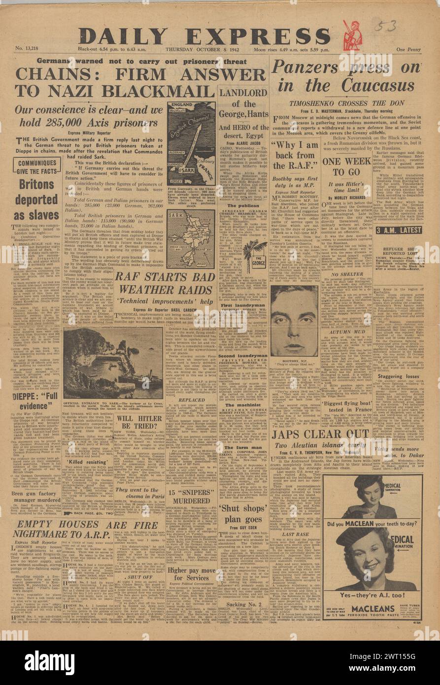 1942 Daily Express-Titelseite berichtet über die Schlacht von Stalingrad und Bedrohung von Kriegsgefangenen in der Kette Stockfoto