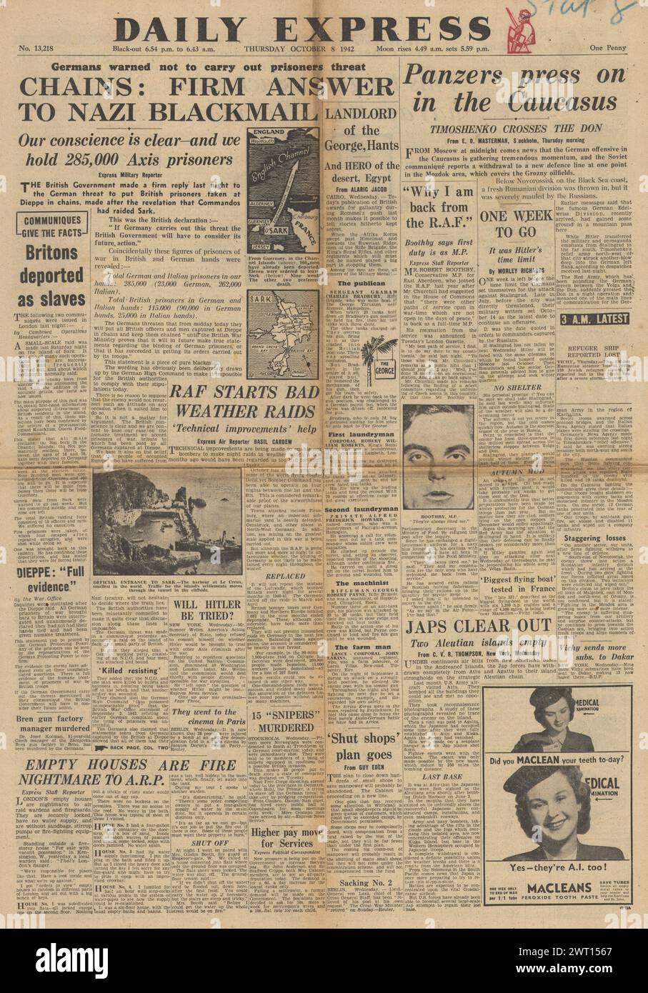 1942 Daily Express-Titelseite berichtet über die Schlacht von Stalingrad und Bedrohung von Kriegsgefangenen in der Kette Stockfoto