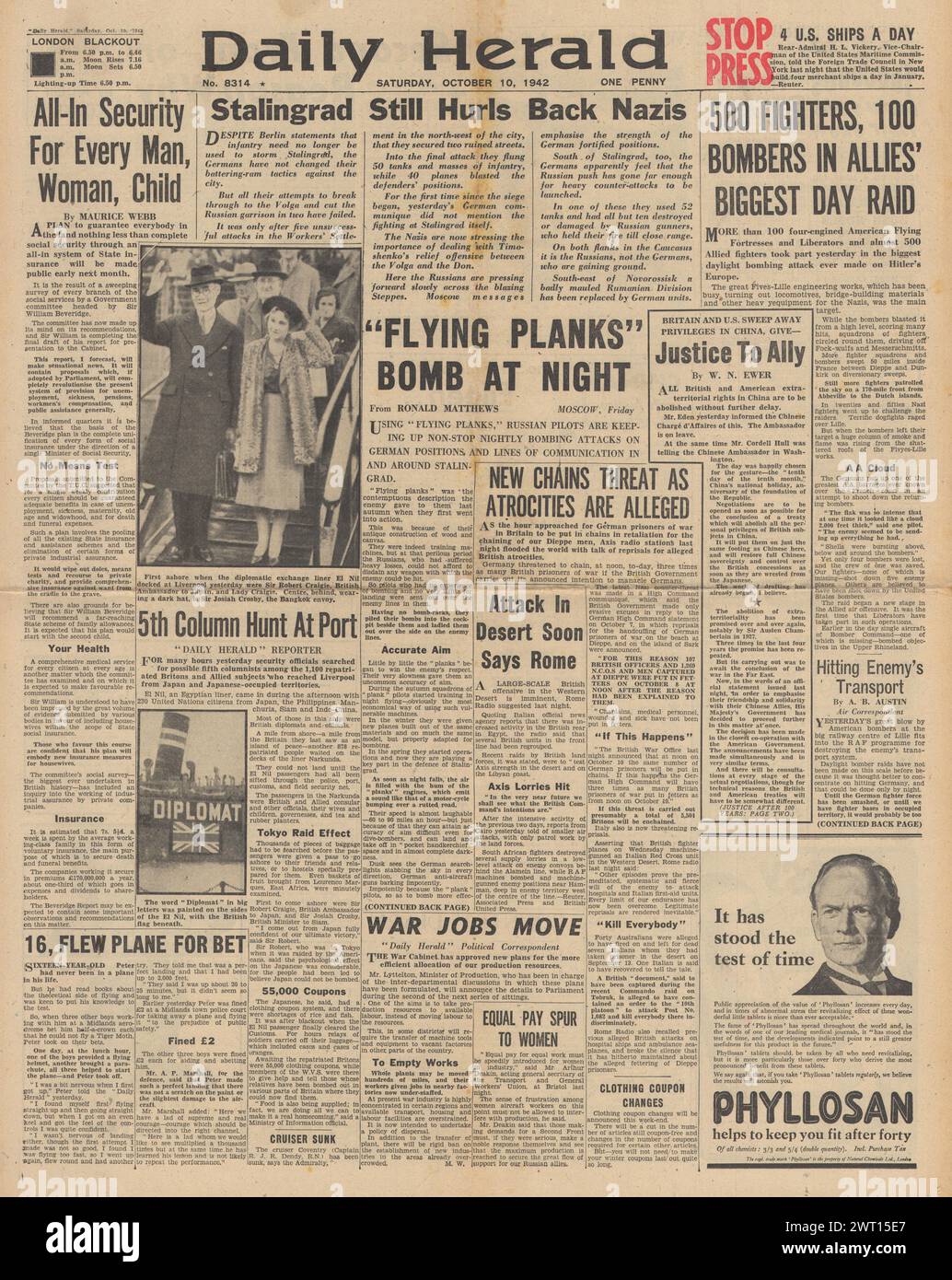 1942 Daily Herald berichtet über die Schlacht von Stalingrad Stockfoto