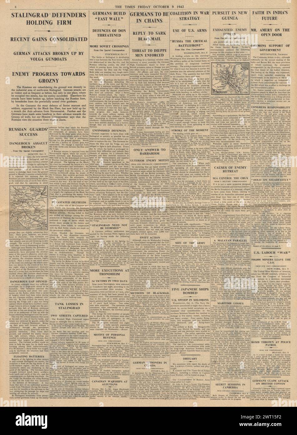 1942 berichtet die Times über die Schlacht von Stalingrad Stockfoto