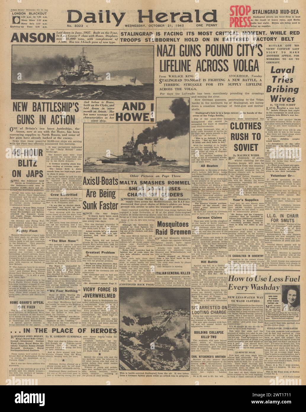 1942 Daily Herald berichtet über die Schlacht von Stalingrad und die neuen Schlachtschiffe der Royal Navy HMS Anson und HMS Howe Stockfoto