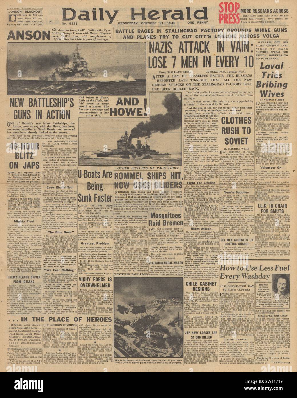 1942 Daily Herald berichtet über die Schlacht von Stalingrad und die neuen Schlachtschiffe der Royal Navy HMS Anson und HMS Howe Stockfoto