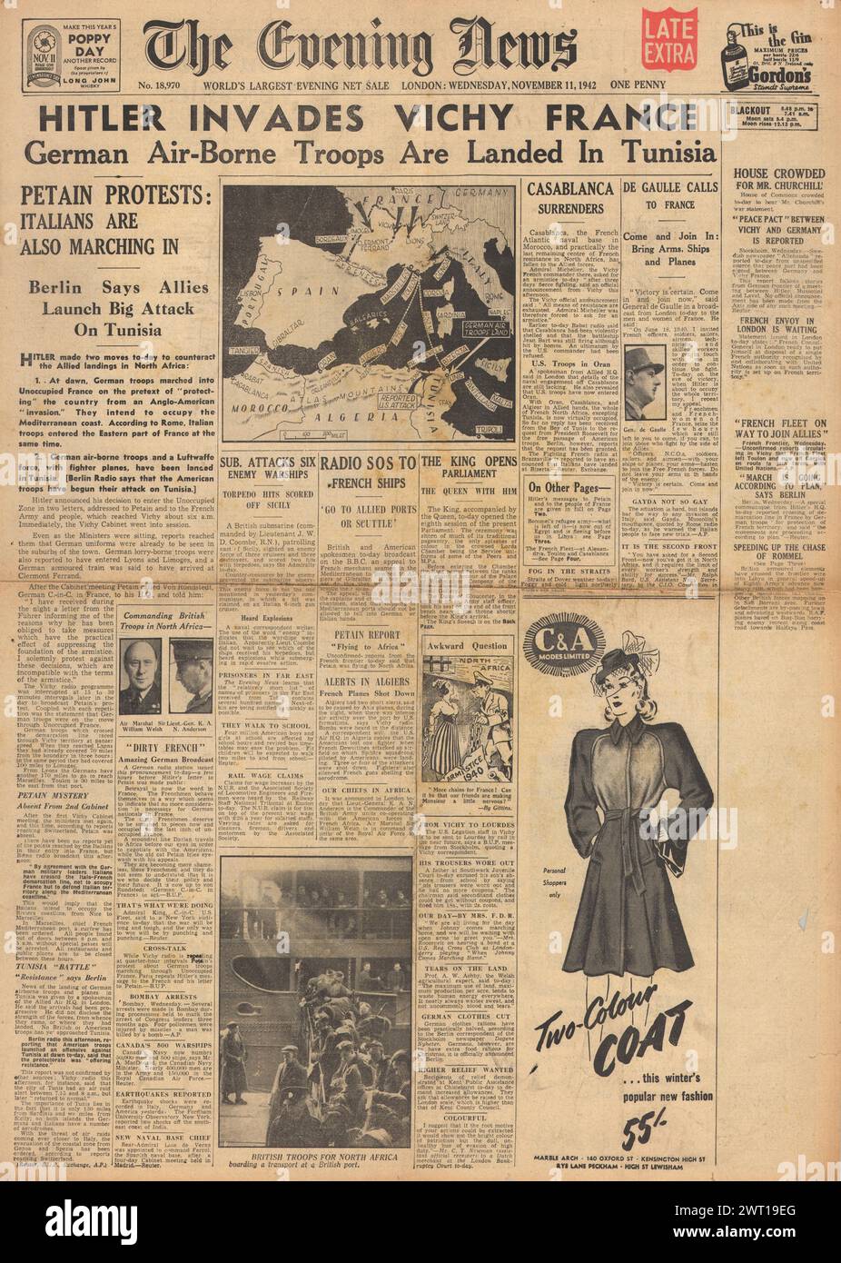 1942 die Titelseite der Evening News berichtet über die Schlacht um Nordafrika und die deutsche Armee marschiert in Vichy Frankreich ein Stockfoto