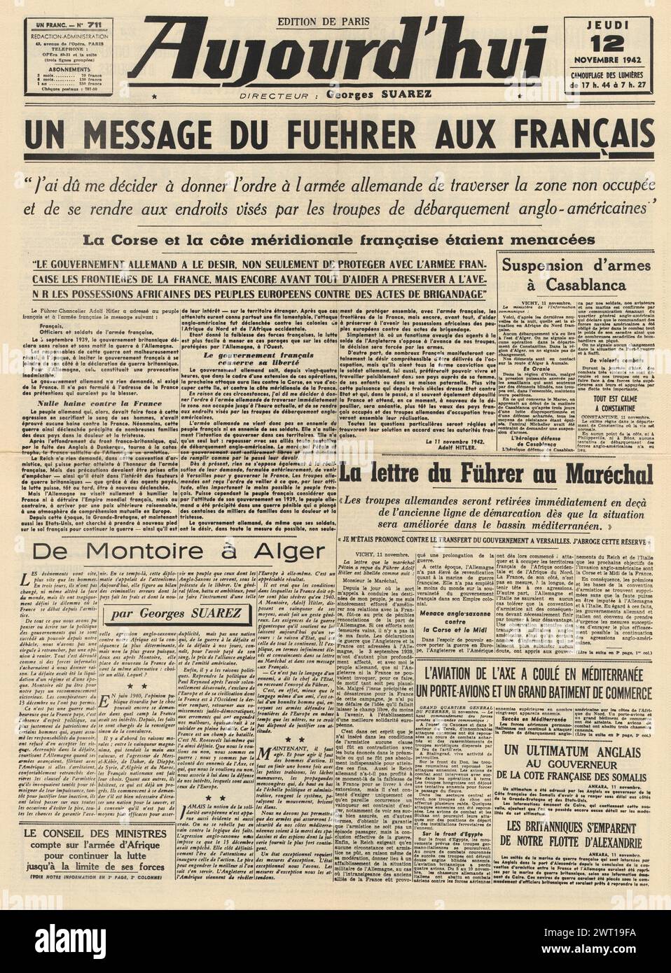 1942 Aujourd’Hui-Titelseite berichtet über die Schlacht um Nordafrika und die deutsche Armee marschiert in Vichy Frankreich ein Stockfoto
