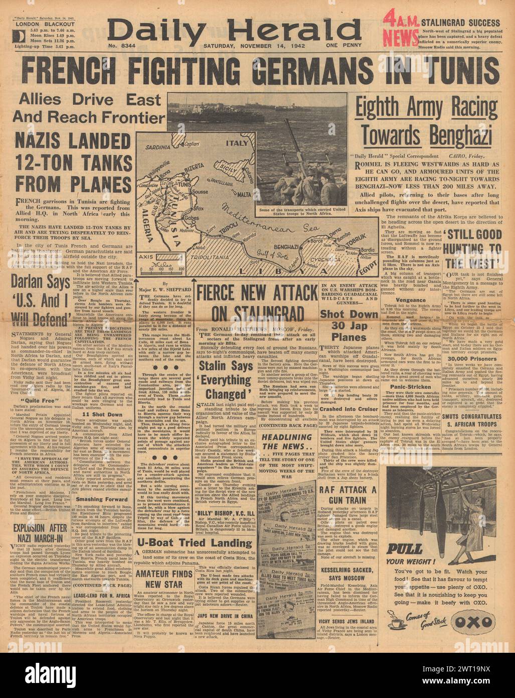 1942 Daily Herald berichtet über die Schlacht um Nordafrika und die Schlacht um Stalingrad Stockfoto
