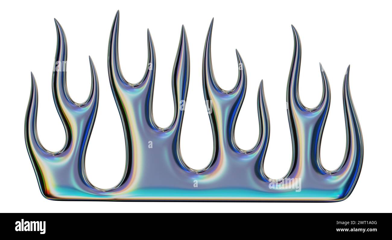 3D-Flamme. Trendiges Y2K-Element. Schillernde bunte Brandform mit GlanzChrom-Effekt. 3D-Rendering. Isolierte Abbildung. Stockfoto