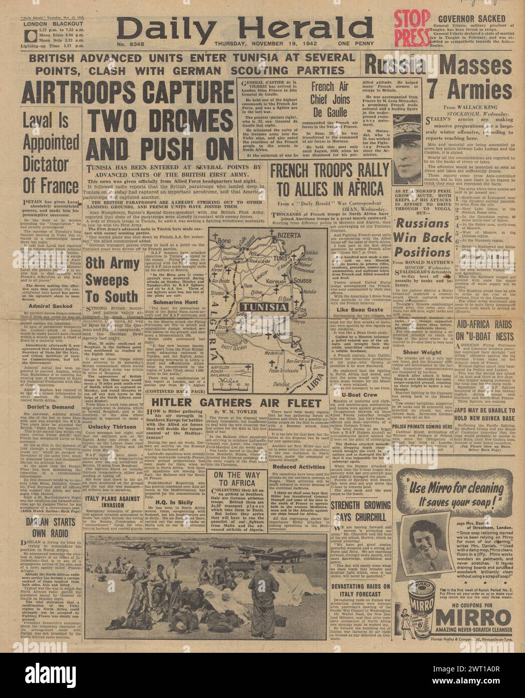 1942 Daily Herald berichtet über die Schlacht um Nordafrika und die Schlacht um Stalingrad Stockfoto