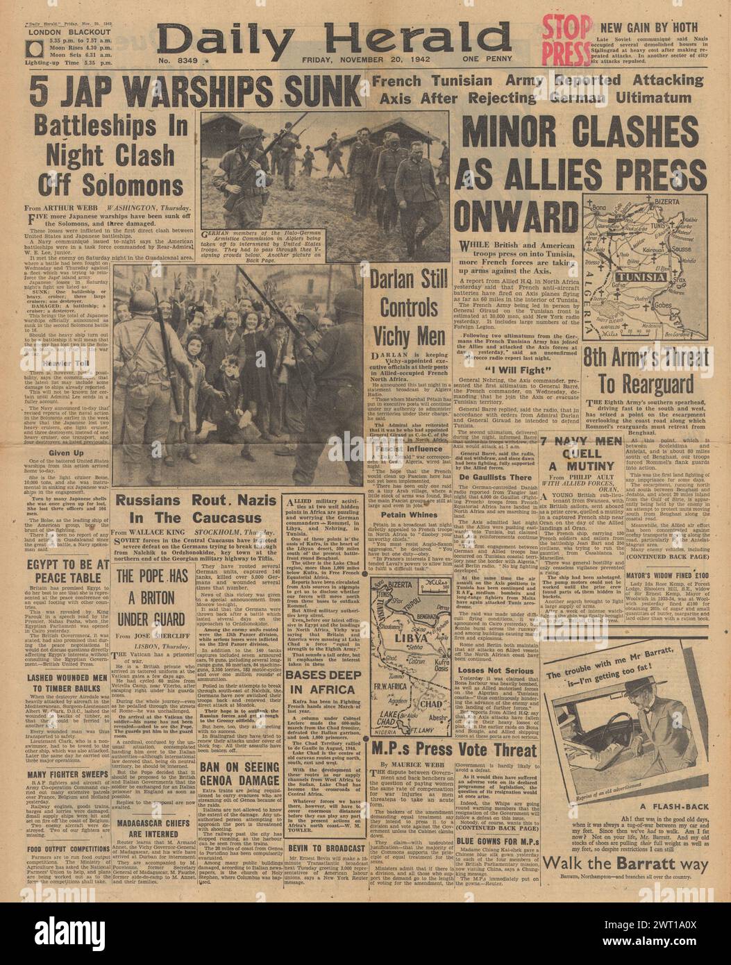 1942 Daily Herald berichtet über die Schlacht um Nordafrika, die Schlacht um die Salomonen und die Schlacht um Stalingrad Stockfoto
