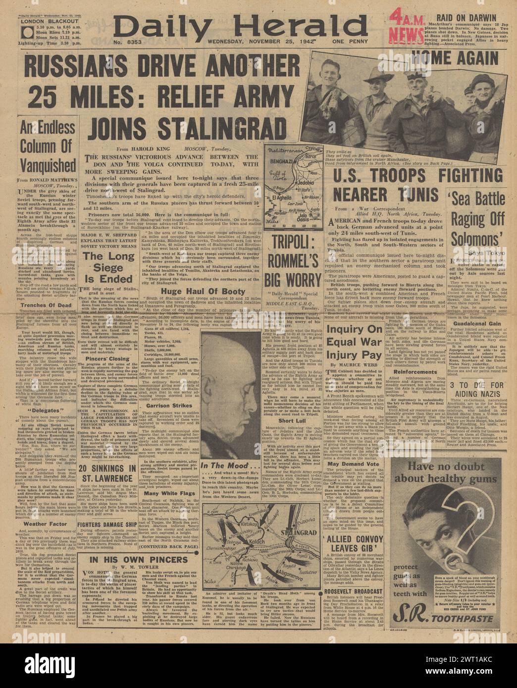 1942 berichtet die Titelseite des Daily Herald über die Schlacht um Nordafrika und die Schlacht um Stalingrad Stockfoto