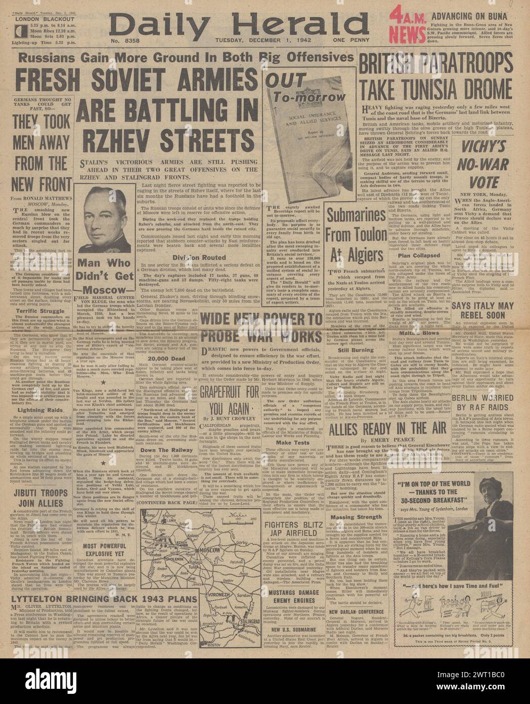 1942 Daily Herald berichtet über die Schlacht um Stalingrad, die Schlacht um Nordafrika und den Vormarsch der Roten Armee an der Ostfront Stockfoto