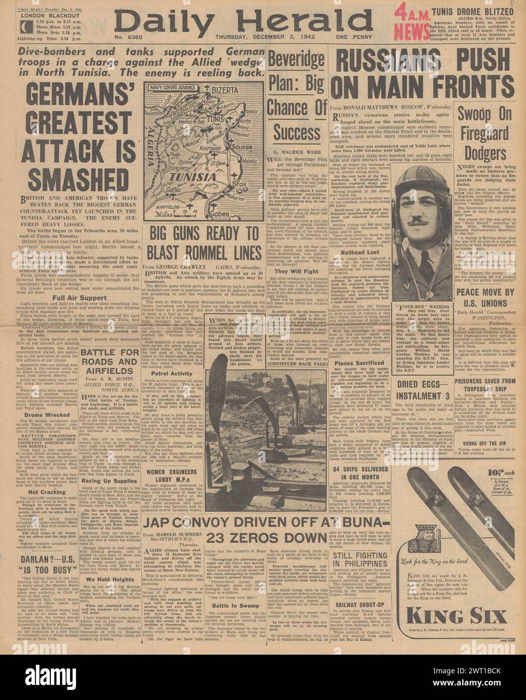 1942 Daily Herald berichtet über Battle of Stalingrad, Battle for North Africa und Beveridge Report Stockfoto
