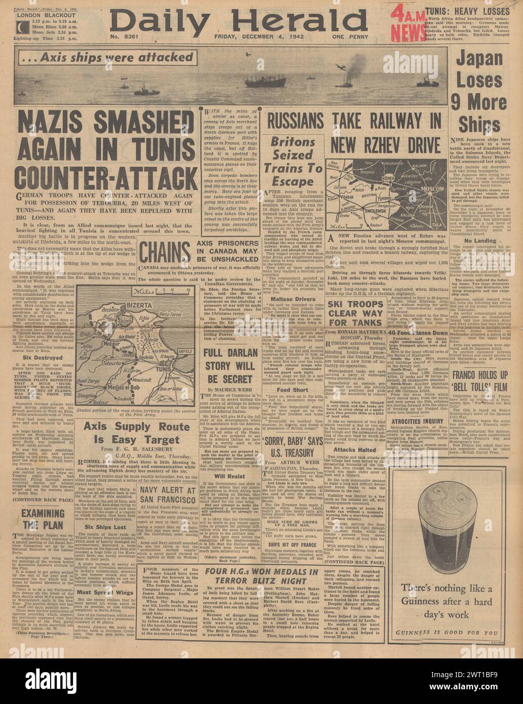 1942 Daily Herald berichtet über die Battle of Rzhev, Battle for North Africa und Beveridge Report Stockfoto