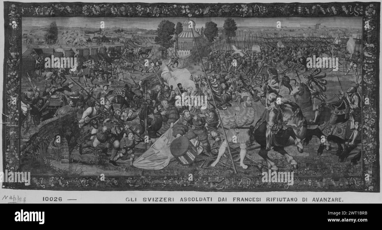 Flucht der Zivilisten aus dem französischen Lager, während die Schweizer sich weigern, vorzudringen. Orley, Bernart van (Niederländisch (vor 1600) - Flandern, ca. 1492-1542) (entworfen nach) [Maler] Moy, Willem (Niederländisch (vor 1600) - Flandern, ACT. CA.1525) (Werkstatt) [Weber] ca. 1530 Gobelin Abmessungen: H 424 x B 886 cm Gobelin Materialien/Techniken: Wolle und Seide; Metallfaden (Gold) Kultur: Flämischer Besitz Geschichte: Karl V. und seine Schwester Maria von Ungarn Coll. Italien, Kampanien, Neapel, Neapel, Museo nazionale di Capodimonte, accno. I.G.M.N. 144485. Schweizer Soldat zu Pferd ist dabei, Francis I. zu enthaupten Stockfoto