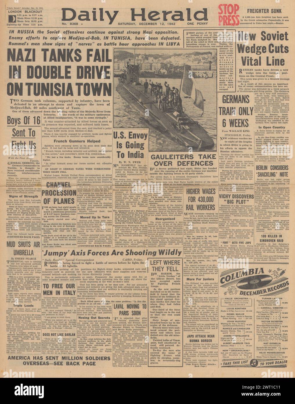 1942 Daily Herald berichtet über die Schlacht um Tunesien und die Kämpfe an der Ostfront Stockfoto