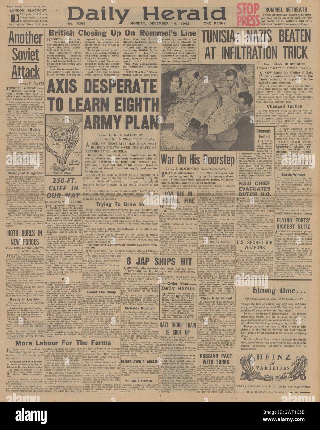 1942 Daily Herald berichtet über die Schlacht um Tunesien und die Kämpfe an der Ostfront Stockfoto