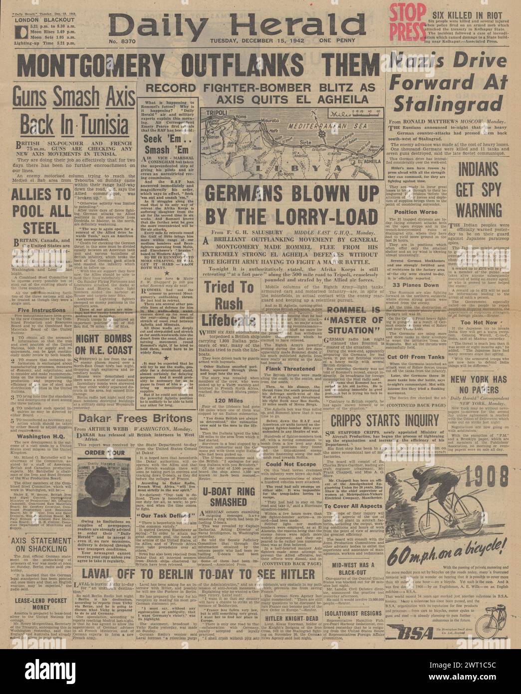 1942 Daily Herald berichtet über die Schlacht um Nordafrika und die Schlacht um Stalingrad Stockfoto