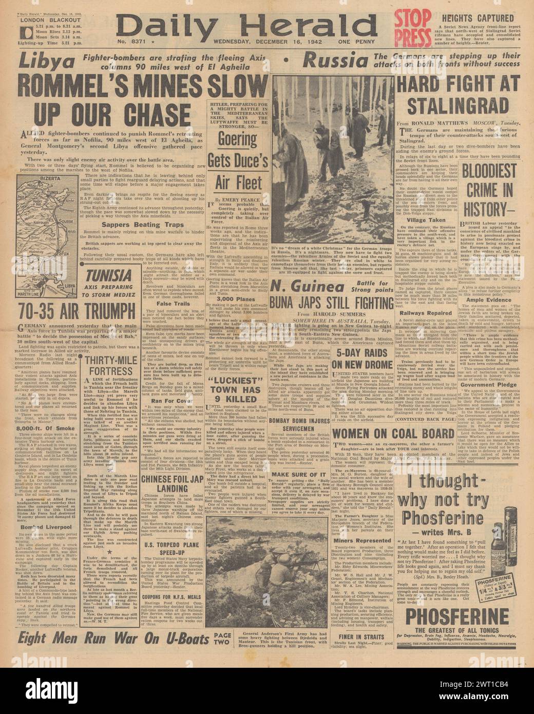 1942 Daily Herald berichtet über die Schlacht um Nordafrika und die Schlacht um Stalingrad Stockfoto