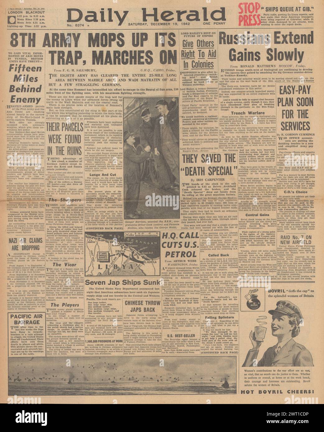 1942 Daily Herald berichtet über die Schlacht um Nordafrika und die Kämpfe an der Ostfront Stockfoto