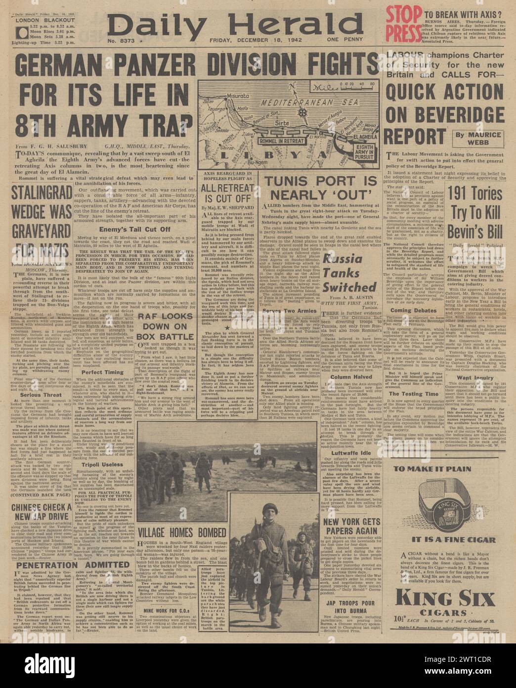 1942 Daily Herald berichtet über den Battle for North Africa, den Battle of Stalingrad und den Beveridge Report Stockfoto
