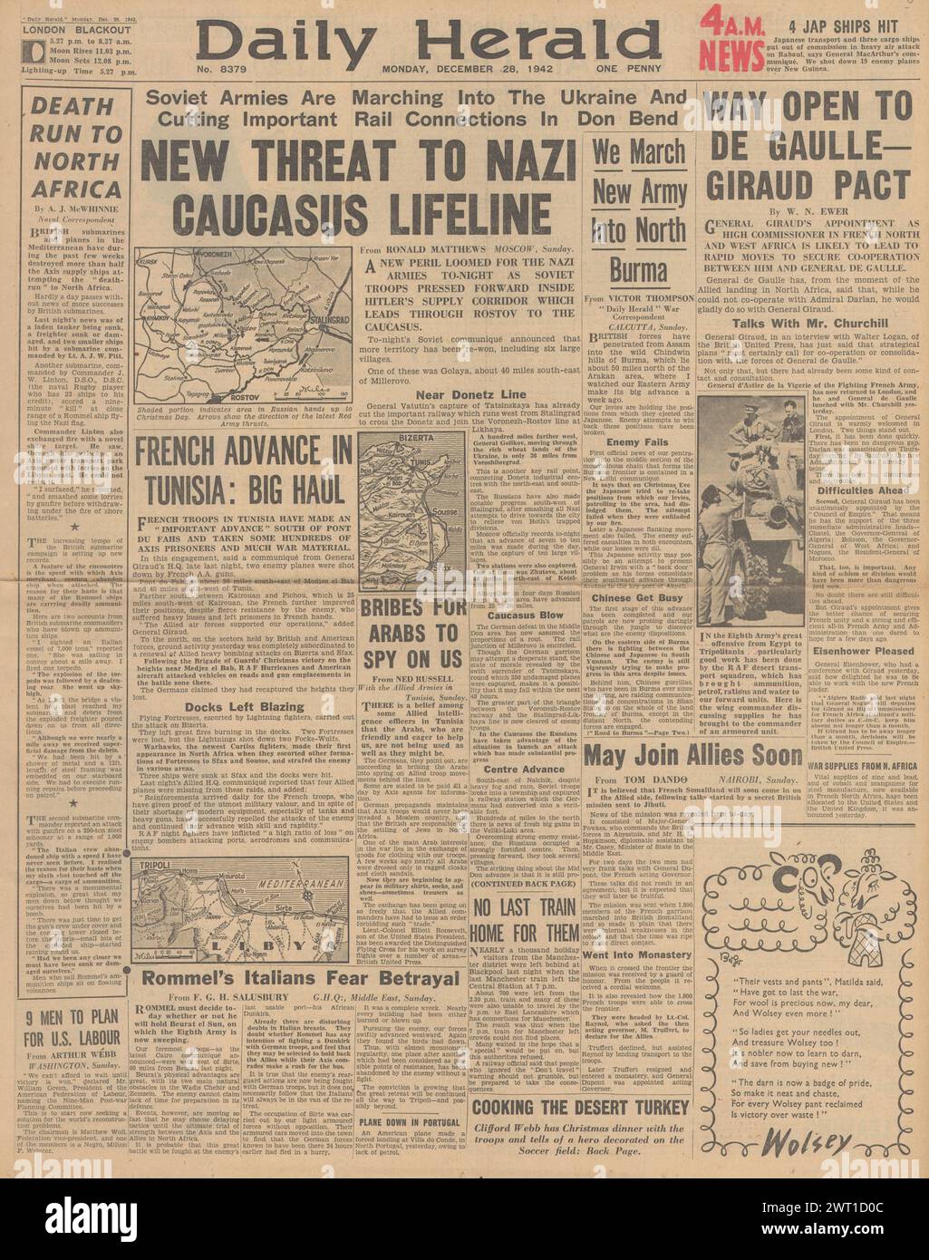 1942 Daily Herald berichtet über Rückzüge der deutschen Armee, die Schlacht um Nordafrika und die Ermordung von Francois Darlan Stockfoto