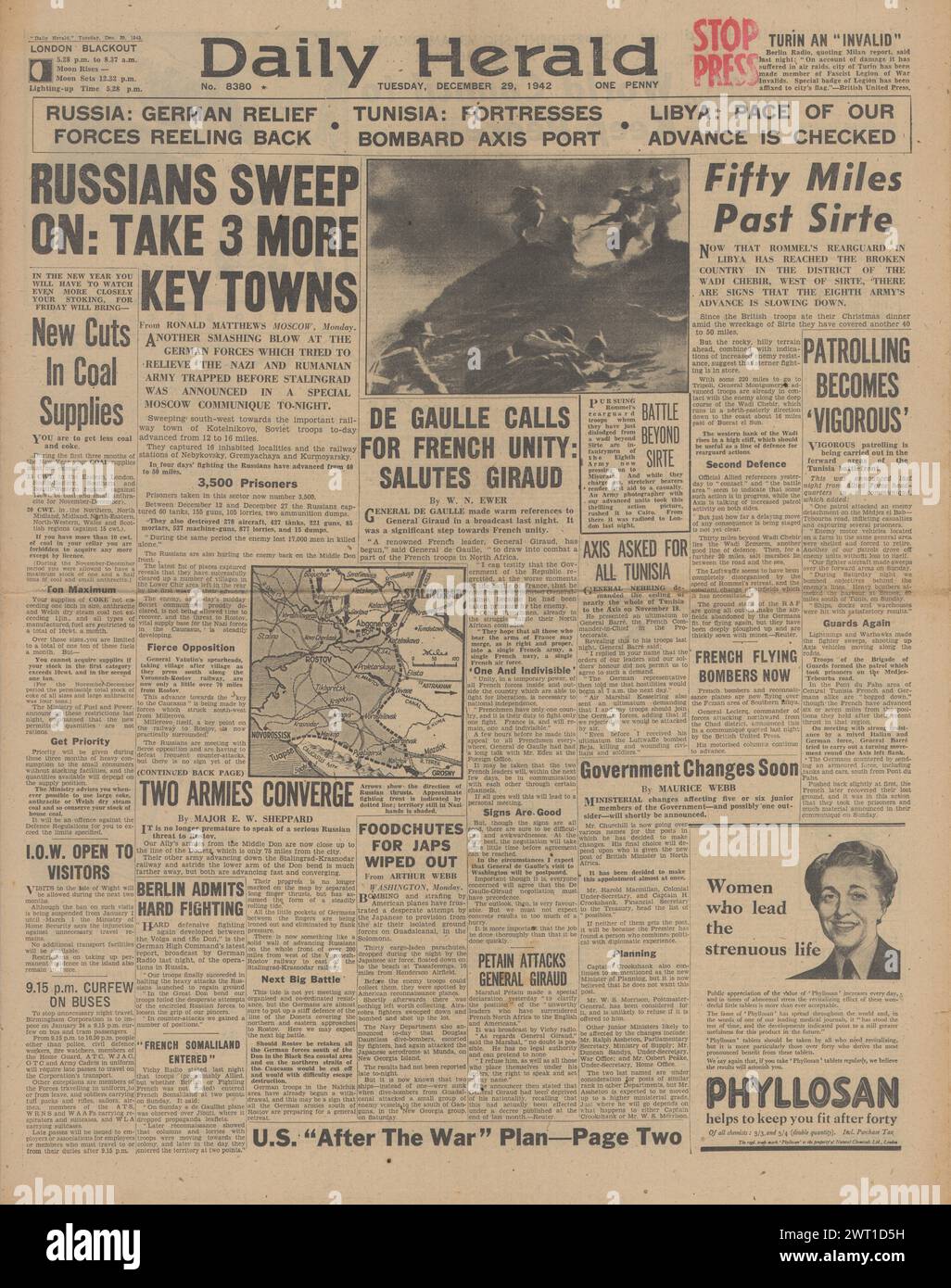 1942 Daily Herald berichtet über Rückzüge der deutschen Armee, Giraud ersetzt Admiral Darlan und Schlacht um Sirte Stockfoto