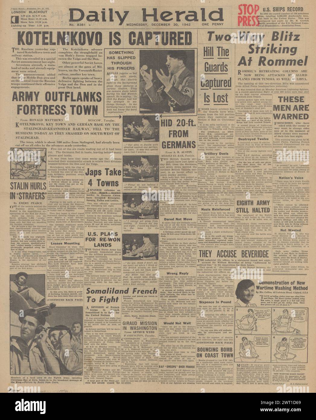 1942 Daily Herald berichtet über die Eroberung Kotelnikowo durch die Rote Armee, die Schlacht um Stalingrad und die Schlacht um Nordafrika Stockfoto