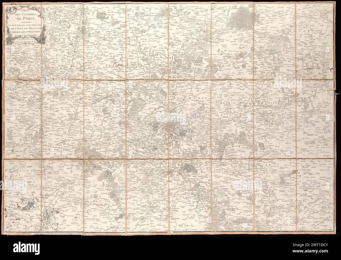 Carte des environs de Paris : comprenant partie des gouvernemens généraux de l'Isle de France, de Normandie, d'Orléanois et de Champagne / par M. Brion de la Tour, ingénieur-géographe du ROI; Viguet Sculp, 1785. Brion de la Tour, Louis, 1743-1803, Kartograf. 1785 dekoriertes Titelfeld oben links. Skalenbalken unten links („Echelle de 5 lieues de 2.500 toises chacune“). In 24 Tafeln geschnitten und auf Leinen montiert. In Pappschachtel mit glasiertem Papier, vergoldet mit dem Titel Environs de Paris. Aufdruck an der unteren Kante, bedeckt mit aufgedrehtem Streifen des Befestigungsmaterials. Ort von Stockfoto
