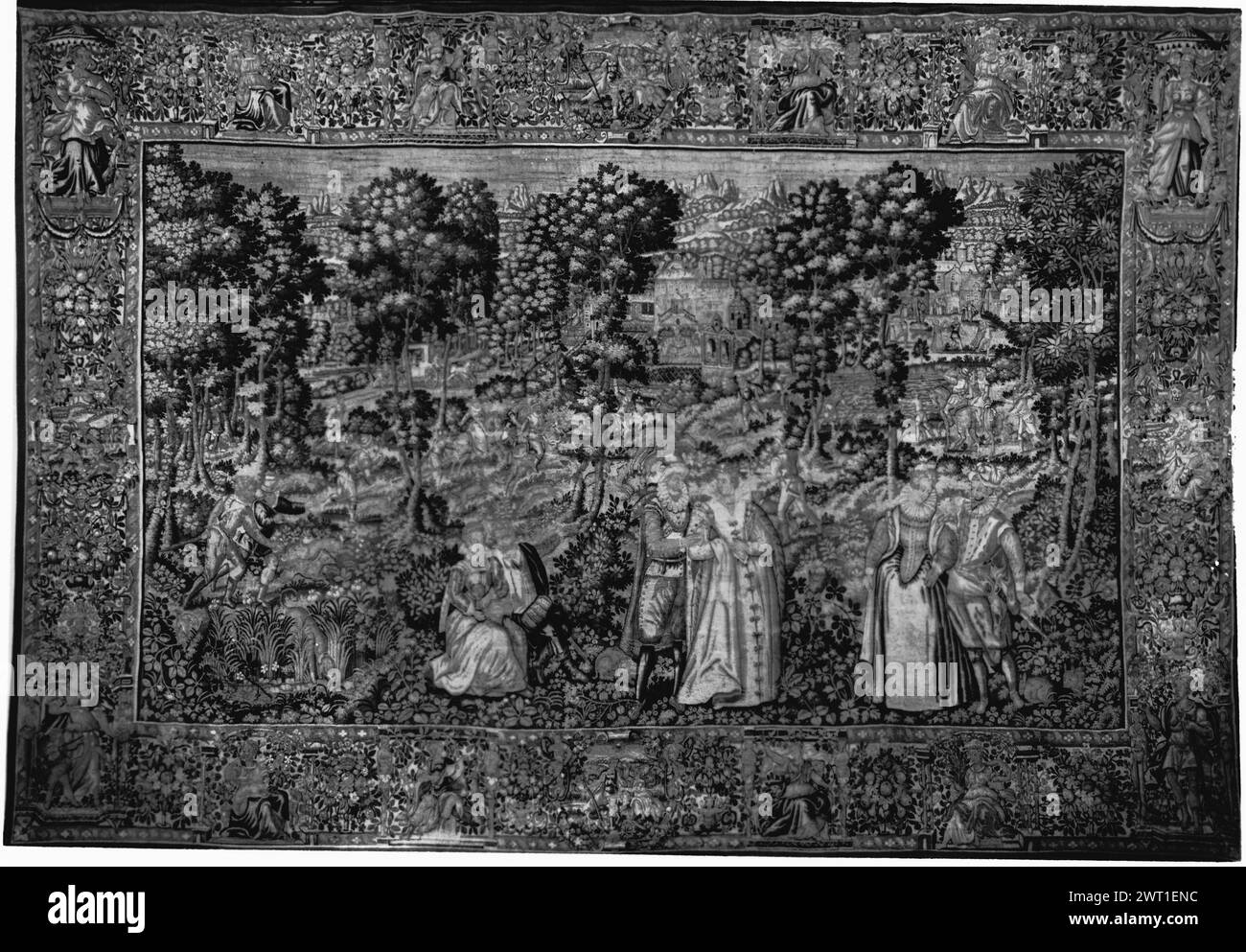 Spielpark mit Damen und Herren und Jägern. Unbekannt ca. 1600 Gobelin Abmessungen: H 11'2' x B 16'10' Gobelin Materialien/Techniken: Unbekannt Kultur: Flämisches Weberzentrum: Brüssel Besitz Geschichte: Französisch & Co. Erhalten von Henry B. Caldwell, 3.08.1949; Rückgabe 26.07.1960. Stockfoto